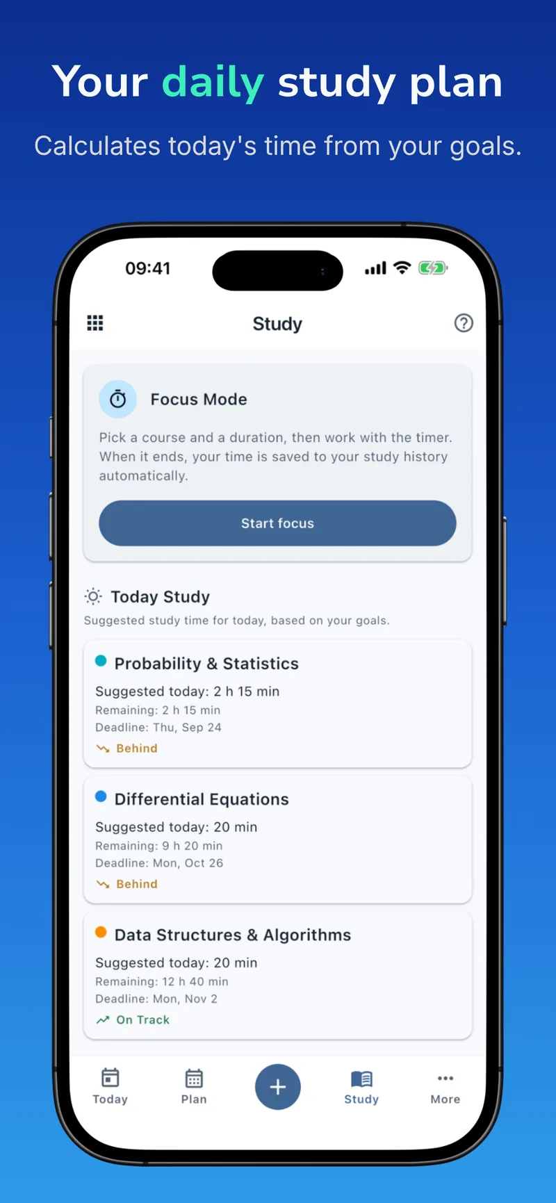 BudStudy Focus Mode and daily study suggestions screen
