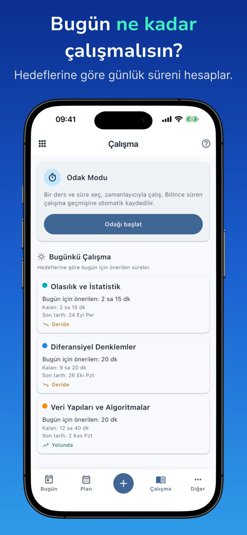 BudStudy Odak Modu ve günlük çalışma önerileri ekranı