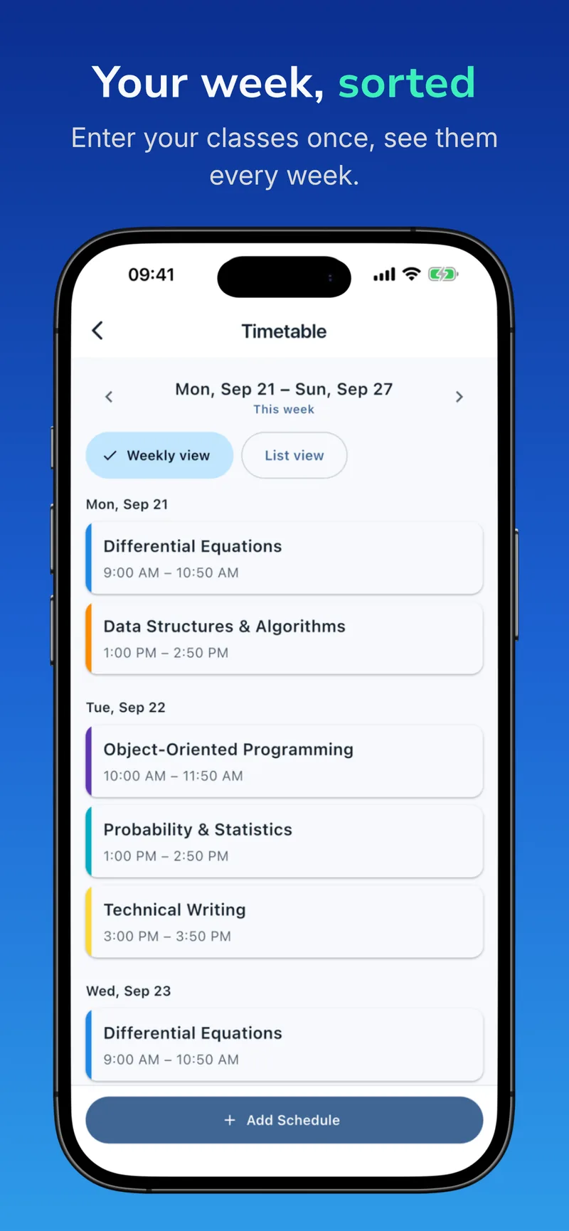 BudStudy weekly timetable screen