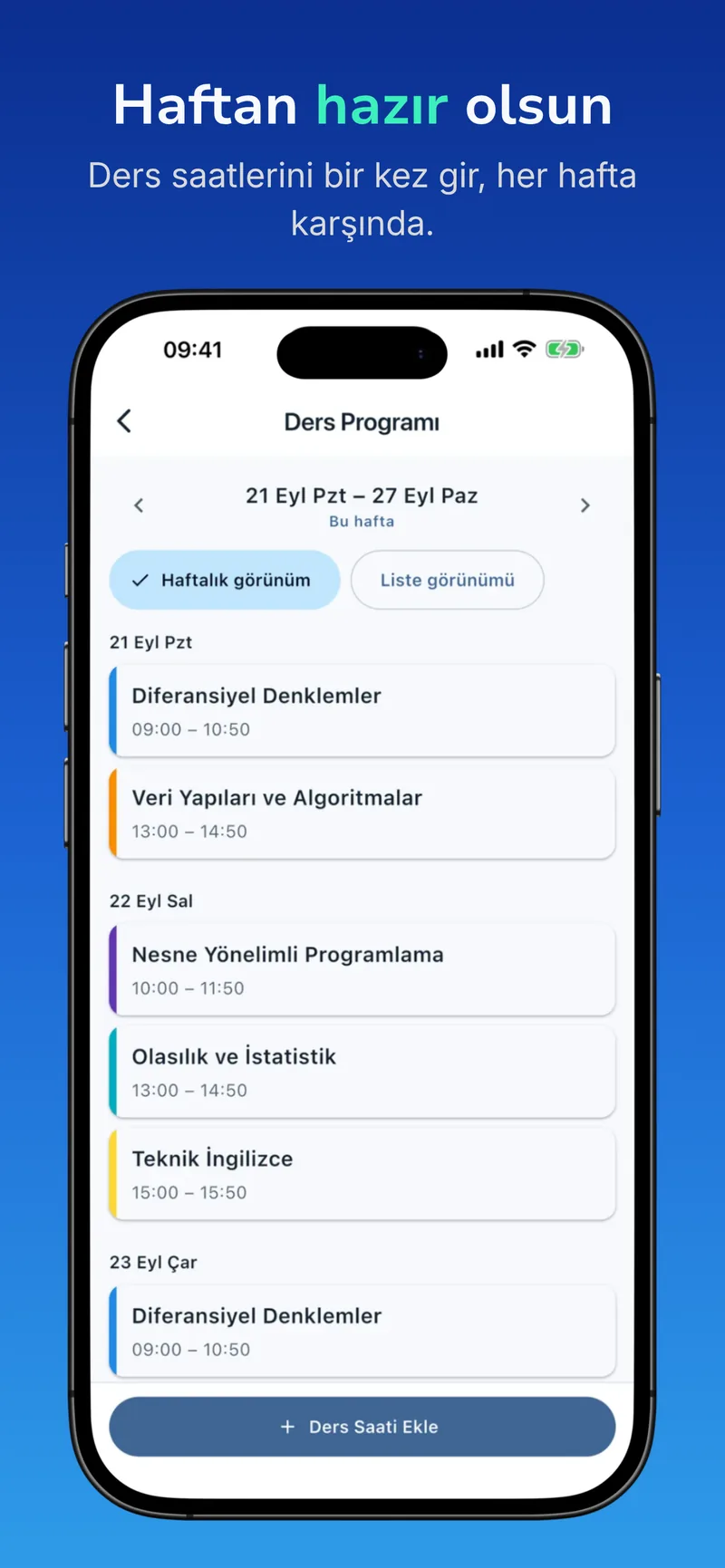 BudStudy haftalık ders programı ekranı